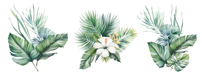 Watercolor tropical bouquet with white flowers and green palm leaves isolated illustration © EvgeniiasArt