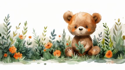 a watercolor painting of a teddy bear sitting in a field of grass and flowers with orange flowers in the foreground.