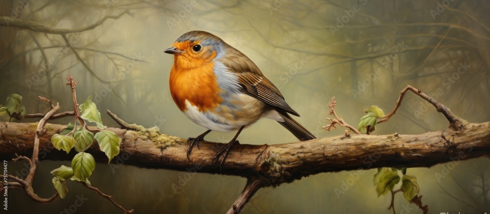 Poster a perching bird with a small beak and colorful tail is chirping a melody on a twig in the wood. this