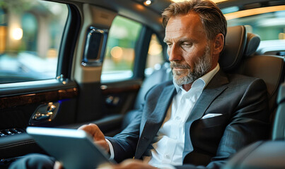 Mature adult businessman working on digital tablet in limousine.Generative AI - obrazy, fototapety, plakaty