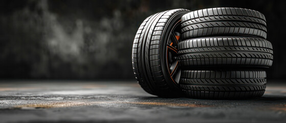 Car tires on black background with copy space, an illustrative concept for auto parts business and car repair shop.Generative AI - Powered by Adobe