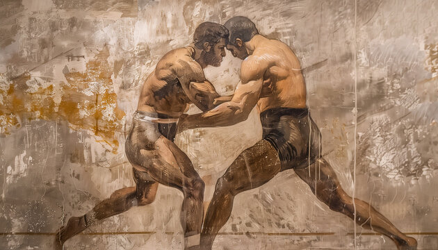 Digital illustration of antique art of Greco-Roman style wrestlers. Athletes-wrestlers of ancient times.