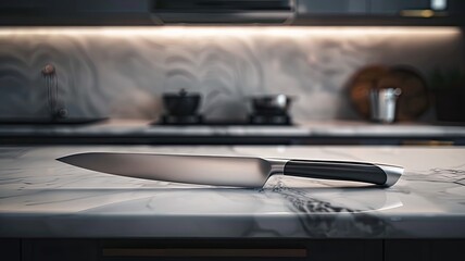 a sleek and contemporary kitchen environment where a gleaming knife takes center stage, exuding elegance and precision amidst the modern setting.