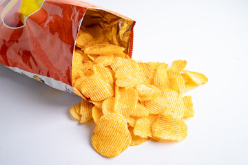 Potato chips, delicious BBQ seasoning spicy for crips, thin slice deep fried snack fast food in...