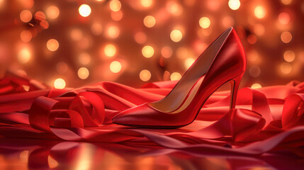 Glittering Ruby Red High Heel Shoes with Bokeh Background, Horizontal Poster with Open Empty Copy Space for Text.Generative AI