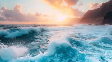 Ocean seascape at shoreline with huge waves hitting cliffs at sunrise - obrazy, fototapety, plakaty
