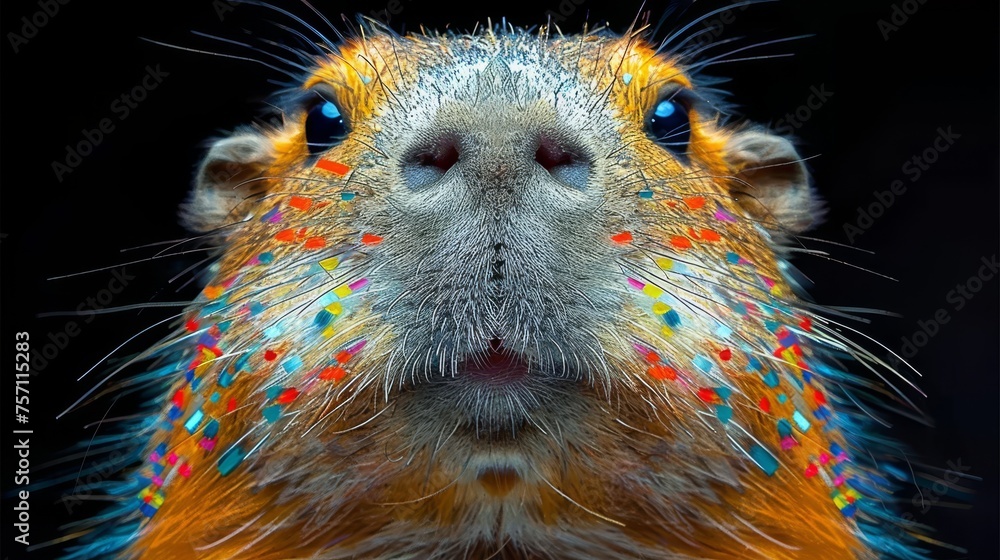 Poster a close up of a squirrel's face with a multicolored pattern on it's fur and a black background.