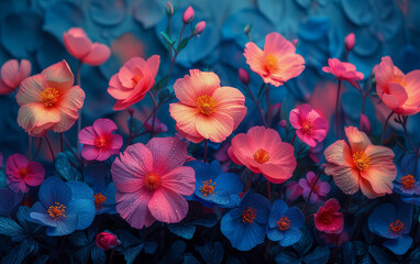 Vibrant blue, purple and pink flowers on blue background. Creative image og wingpod purslane flowers.
