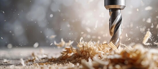 steel drill with wood chippings flying off. Sawdust flies off a spinning drill boring a hole into a wooden board. - obrazy, fototapety, plakaty