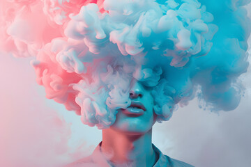 Closeup man portrait with pastel colored candy cloud hair. Depression, addiction, loneliness, poor...