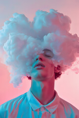 Closeup man portrait with pastel colored candy cloud hair. Depression, addiction, loneliness, poor mental health