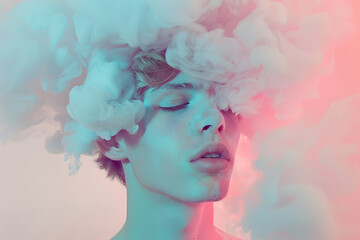 Closeup man portrait with pastel colored candy cloud hair. Depression, addiction, loneliness, poor...