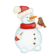 Watercolor snowman in red hat and scarf with cute bird, Christmas card vector isolated on white