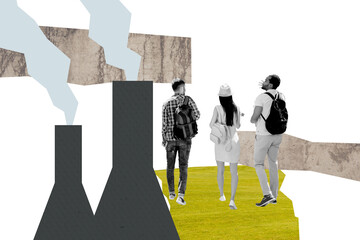 Creative abstract collage of young people students careless air pollution pipes smog emissions...
