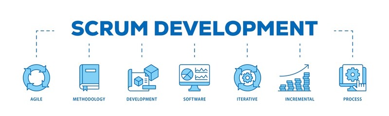 Scrum development infographic icon flow process which consists of agile, methodology, development, software, iterative, incremental and process icon live stroke and easy to edit  - obrazy, fototapety, plakaty