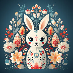 Cute soft retro vintage flat illustration rabbit. Easter bunny in floral ornament