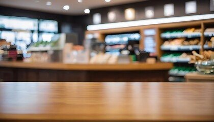 Wooden Table top with blur background of cashier counter at minimarket. Generative ai