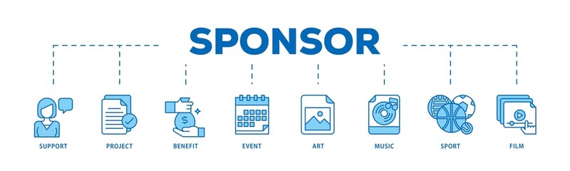 Sponsor infographic icon flow process which consists of film, sport, event, music, art, benefit, project, support icon live stroke and easy to edit 