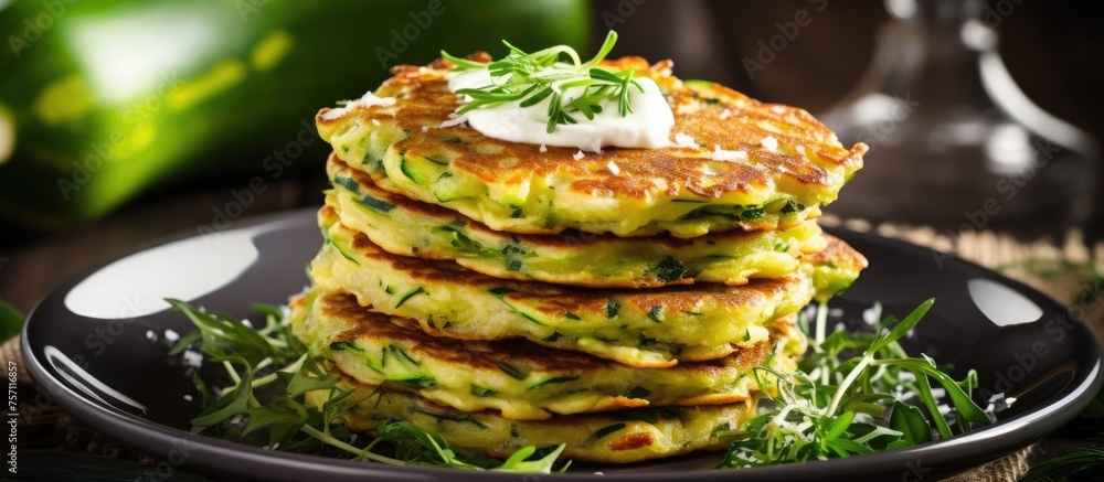 Wall mural A delicious dish of zucchini pancakes topped with sour cream, served on a black plate. Perfect for any event or meal, this staple food is a musttry recipe for any cuisine lover