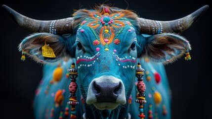 a close up of a cow's face with colorful decorations on it's cow's face and horns.