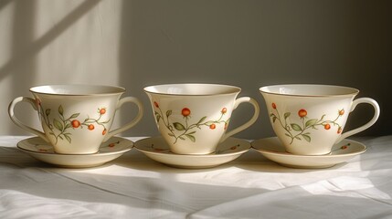 three cups and a saucer sitting on a white table with a shadow cast on the wall behind them and a window behind them.
