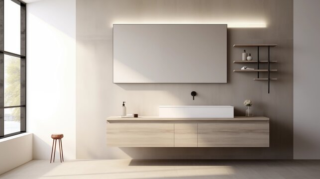 Design a minimalist bathroom with a floating vanity and simple fixtures