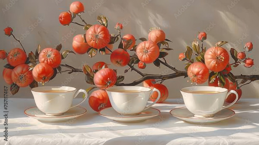 Aufkleber a painting of three cups and saucers on a table with a branch of a tree in front of them.
