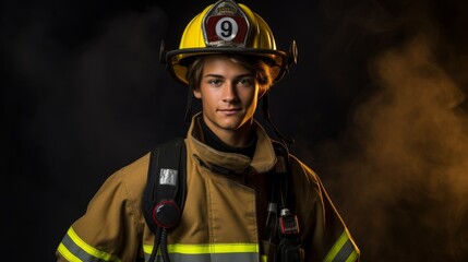 A young firefighter strikes a confident pose for a picture