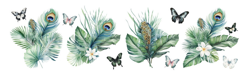 Watercolor tropical palm leaves bouquet with peacock feather © EvgeniiasArt