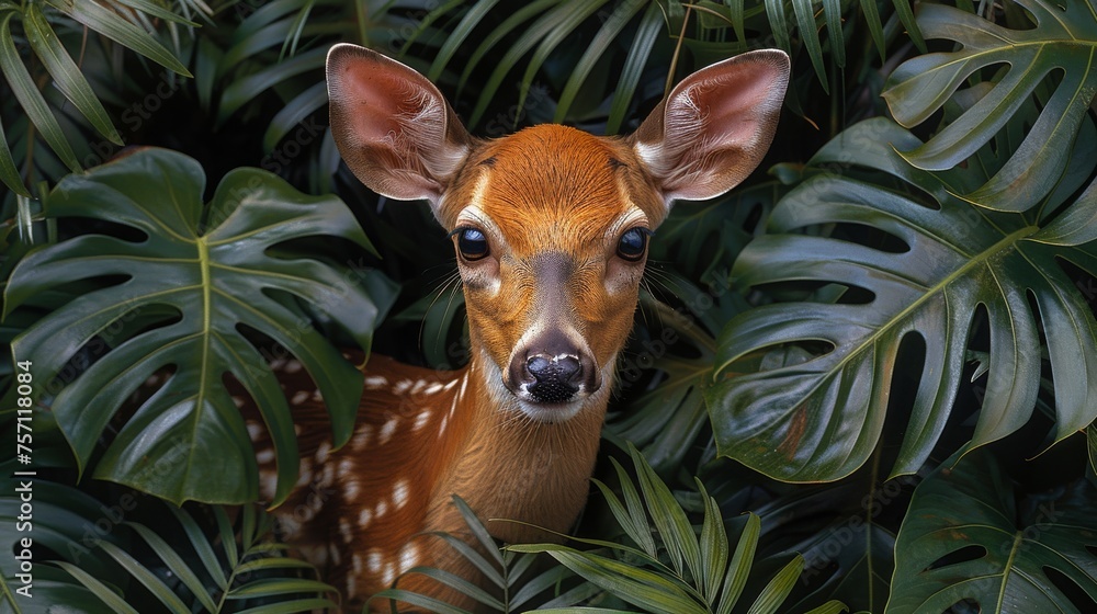 Poster a close up of a small deer in a field of leaves with a surprised look on it's face.