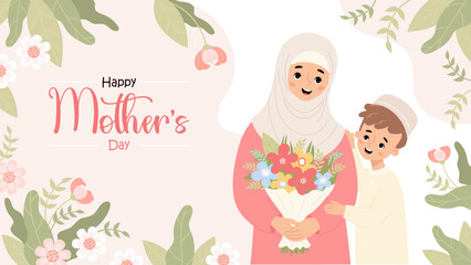 Mothers Day poster. Happy Muslim mother with son and bouquet flower. Islamic family. Horizontal festive floral banner. Vector illustration in flat style