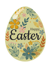 Happy easter. Easter egg painted with spring fantasy flowers, leaves and twigs. 