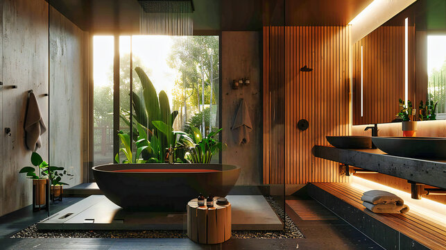 Contemporary bathroom design with a bathtub and window, emphasizing comfort and modern architectural elements