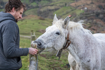 A young man feeding a horse in a farm on the countryside.