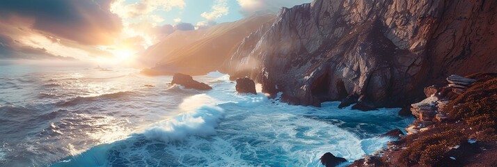 Seascape of ocean waves crashing into cliff rock on shoreline.