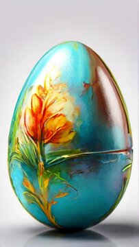 Hand-painted Easter egg with multicolored patterns, white backdrop. Concept of seasonal Easter decoration, artistic craft, festive egg painting, colorful holiday tradition. Art. Vertical format