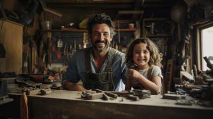 Worker with a child in the workshop. A girl with father on work - obrazy, fototapety, plakaty