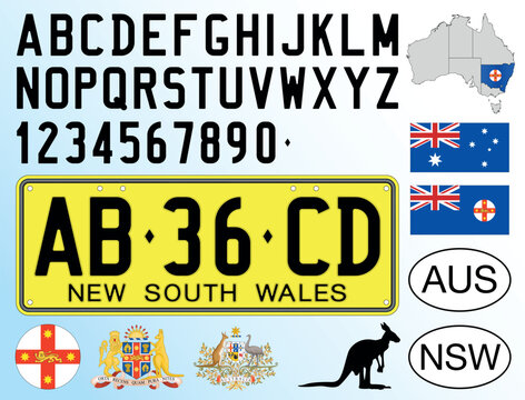 New South Wales car license plate pattern, letters, numbers and symbols, vector illustration, Australia