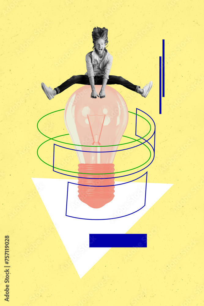 Sticker Vertical funky collage photo of overjoyed jumping upper electric light bulb intellectual decision eureka isolated on yellow background