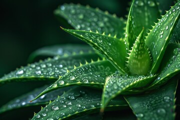 Close-up of Aloe Vera Plant with Water Droplets - obrazy, fototapety, plakaty