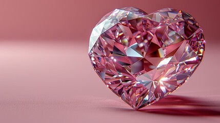 a pink diamond in the shape of a heart on a pink surface with a reflection of the diamond in the center.