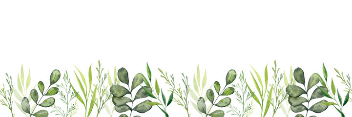 Watercolor seamless border with plants, green twigs and leaves. Botanical illustration of plants for the design of invitations, cards, congratulations. Design of ribbons, tape, textiles and ceramics.