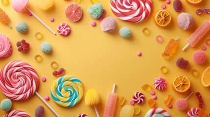 Fototapeta na wymiar Colorful candies on yellow background