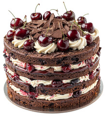 Black forest cake with layers of chocolate sponge cake, cherries, and whipped cream, decorated with chocolate shavings and maraschino cherries, isolated on a transparent background - obrazy, fototapety, plakaty