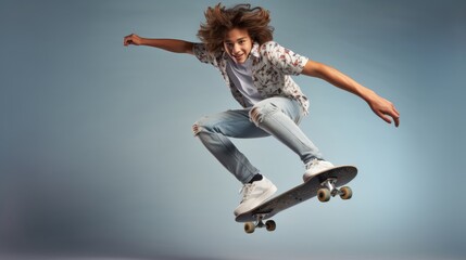 A person jumps high in the air on a skateboard - Powered by Adobe