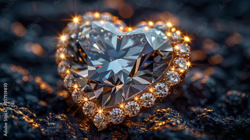 Poster a diamond in the shape of a heart on a black surface with gold sparkles and sparkles around it.
