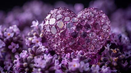 a close up of a heart shaped object in a field of purple flowers with lots of tiny flowers around it.