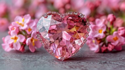 a close up of a pink heart shaped diamond surrounded by small pink flowers on a gray surface with pink flowers in the background.