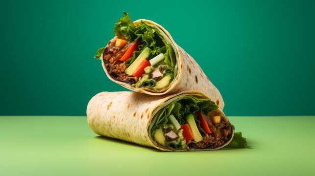 A mouthwatering wrap brimming with meat and veggies on a vibrant green surface