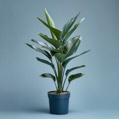 A solitary potted plant with lush green leaves against a smooth, muted blue background - AI Generated Digital Art